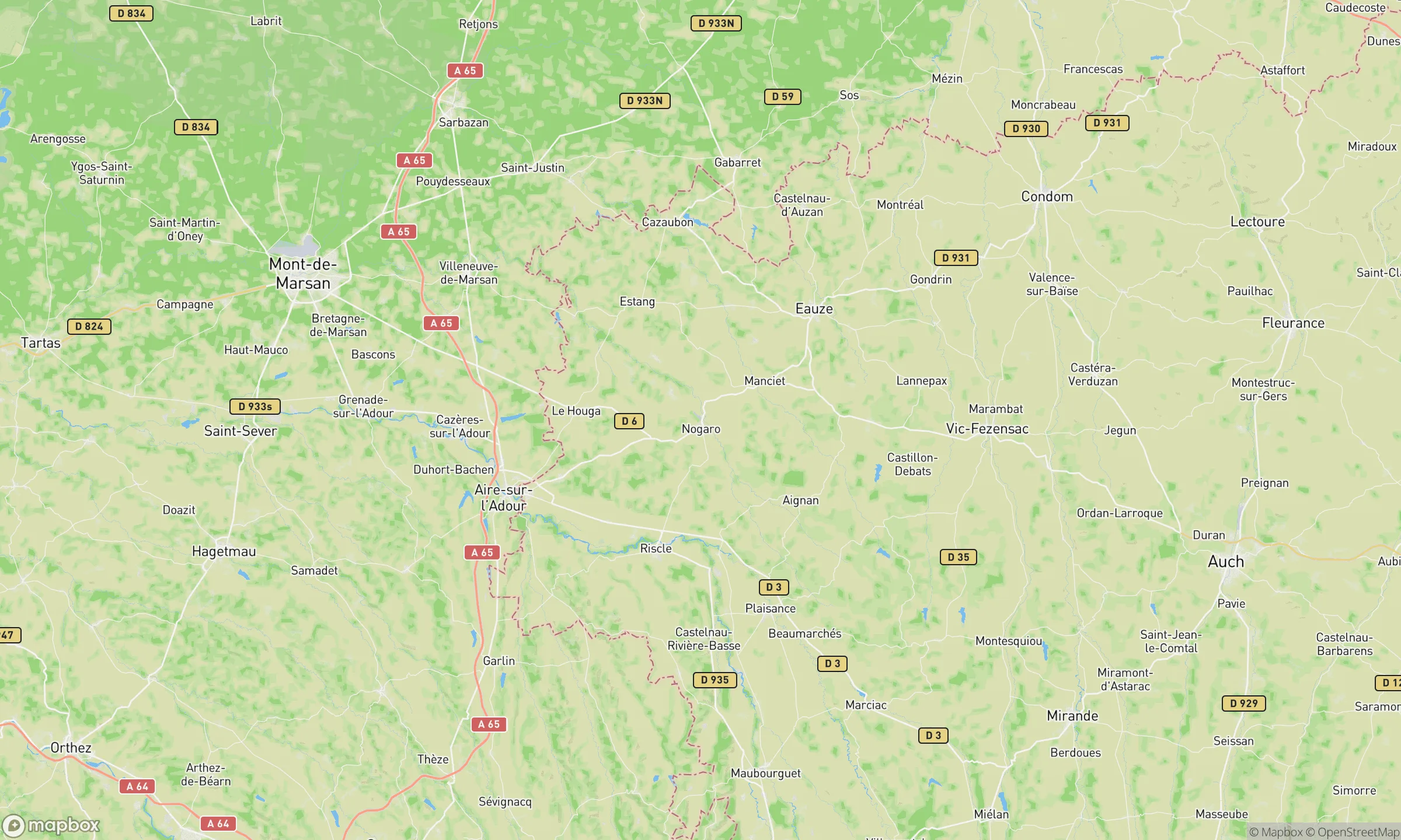 Carte zone d'intervention Wanitek autour de Nogaro, couvrant le sud du Gers, l'est des Landes et le nord des Pyrénées-Atlantiques (Aire-sur-l'Adour, Mont-de-Marsan, Éauze, Vic-Fezensac).